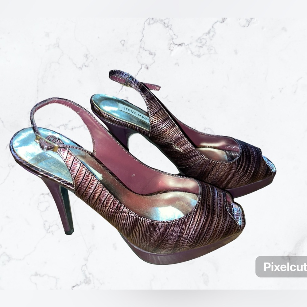 Steve Madden 7.5 Peep Toe snake skin pattern platform slingback heels
